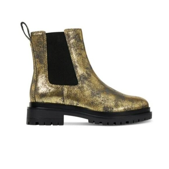 LAUREN RALPH LAUREN Gold Distressed Lug Sole Goring Corinne  Block Heel Booties - Picture 1 of 12